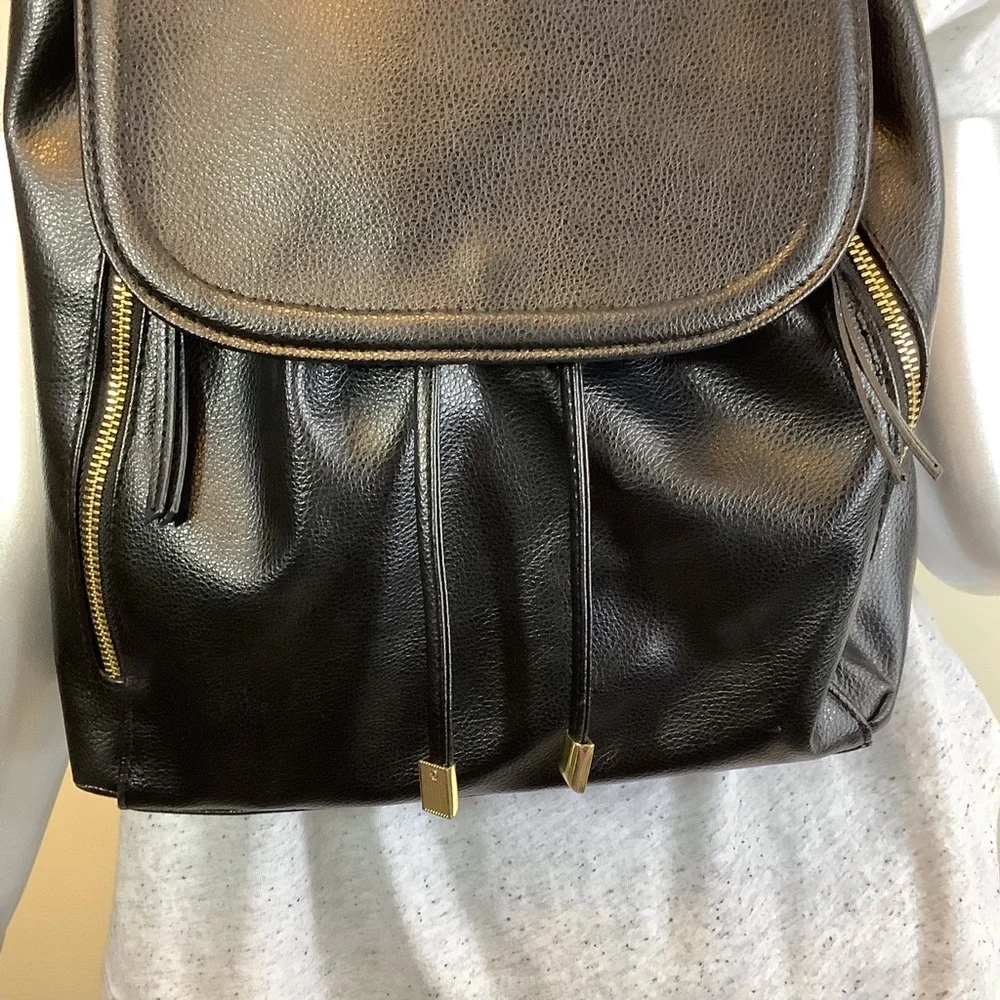 Faux Leather Black Drawstring Backpack Bucket Shoulder Bag